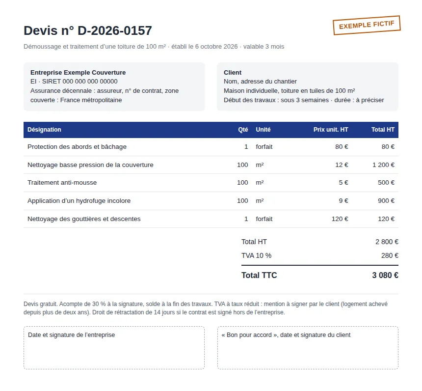 Exemple fictif de devis de démoussage de toiture de 100 m² : nettoyage, traitement anti-mousse, hydrofuge et nettoyage des gouttières, total 3 080 € TTC