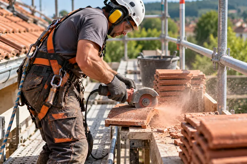 Couvreur découpant une tuile à la disqueuse sur l’échafaudage, avec casque, lunettes et protections auditives