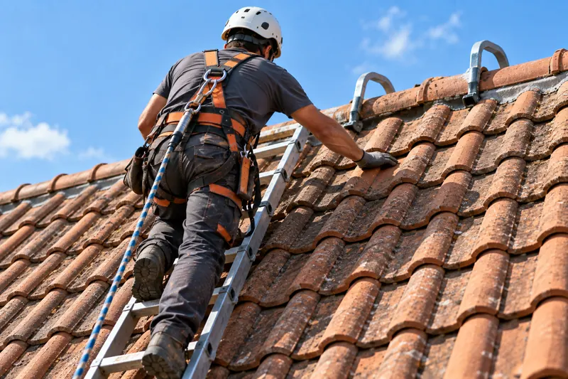 Couvreur casqué et encordé montant sur une échelle de toit pour inspecter une toiture en tuiles