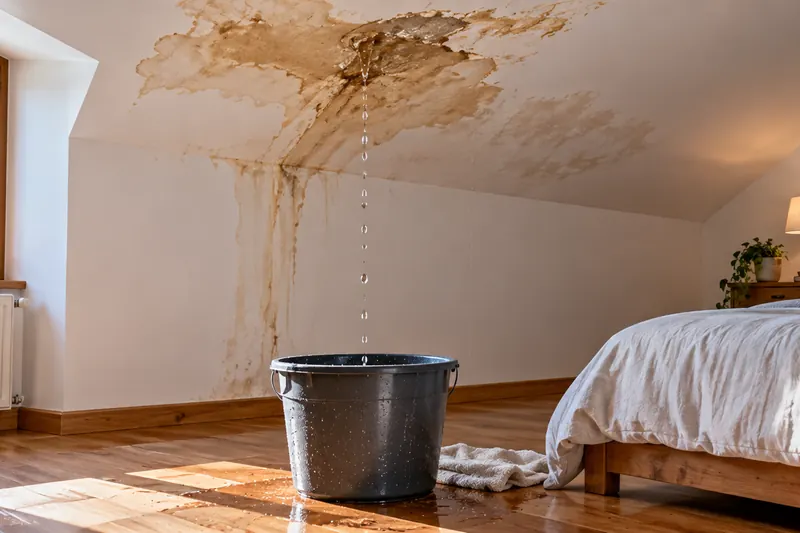 Dégât des eaux dans une chambre : plafond taché et seau recueillant l’eau