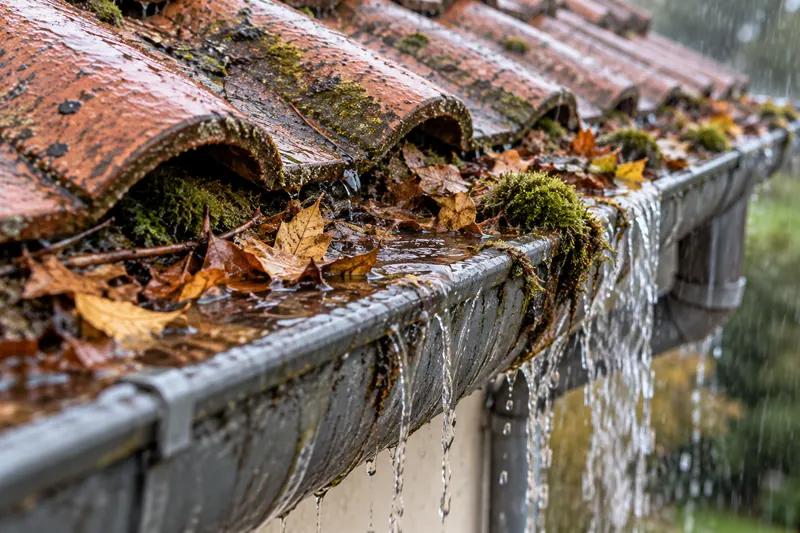 Gouttière bouchée par les feuilles et la mousse, qui déborde sous la pluie