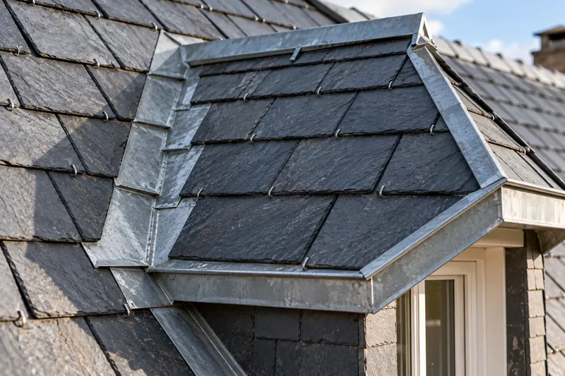 Lucarne couverte en ardoises naturelles avec un habillage en zinc