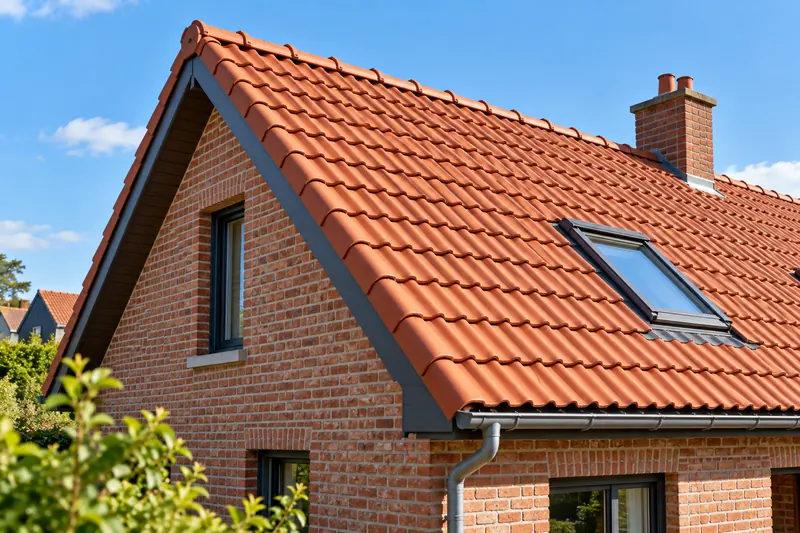 Maison en briques couverte de tuiles mécaniques, avec une fenêtre de toit