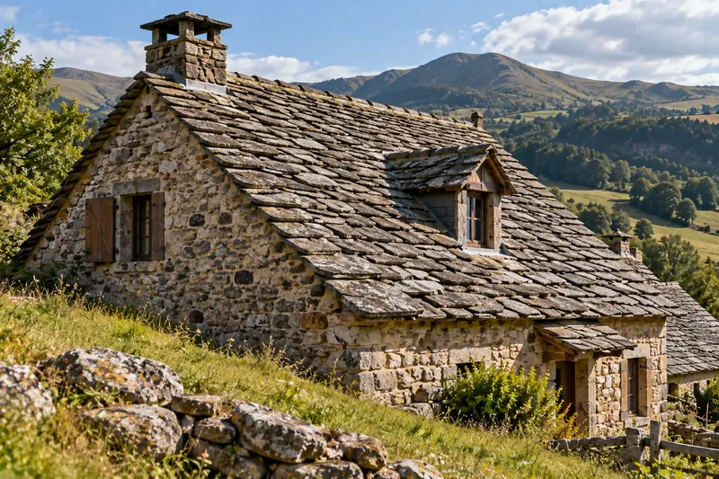 Maison en pierre au toit de lauzes dans un paysage de moyenne montagne