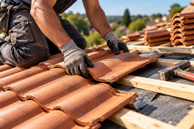 Mains gantées d’un couvreur posant une tuile neuve sur les liteaux, marteau et tuiles à portée de main