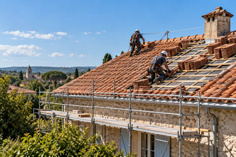 Deux couvreurs refaisant la couverture en tuiles d’une maison en pierre depuis un échafaudage