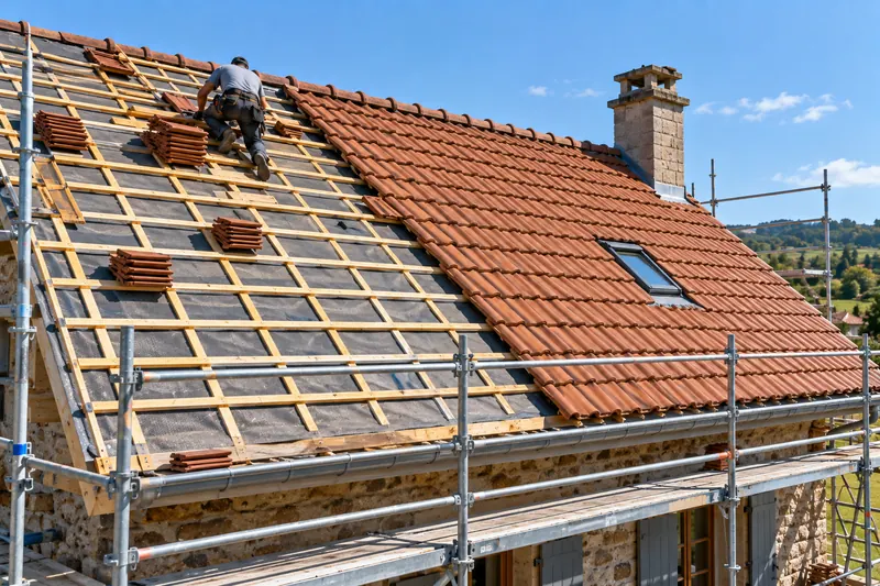 Rénovation de toiture en cours : un pan refait avec écran et liteaux neufs, tuiles prêtes à poser et échafaudage le long du toit