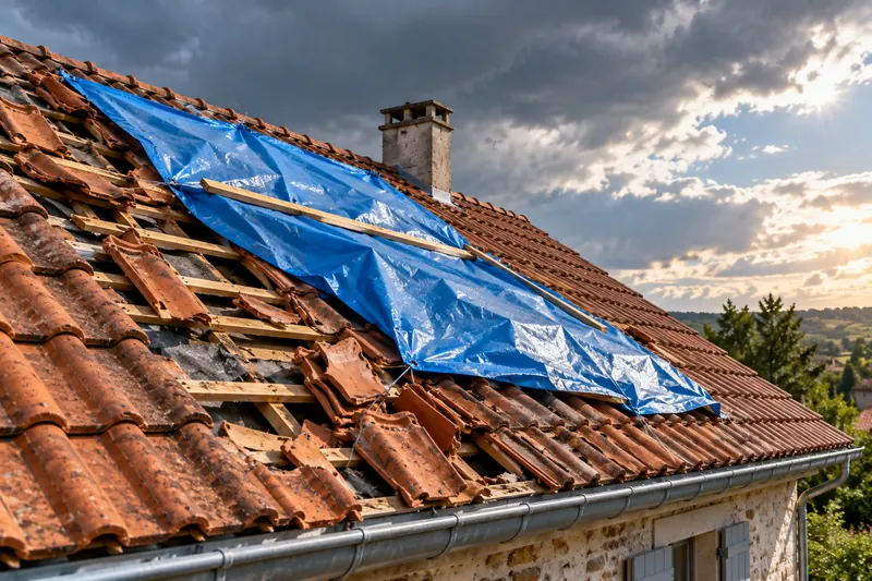 Toiture en tuiles endommagée, en partie bâchée en attendant la réparation