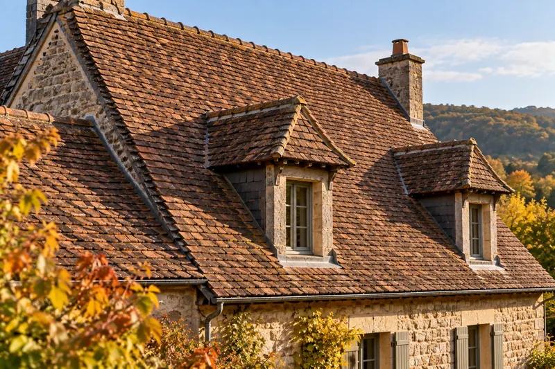 Toiture en tuiles plates avec lucarnes sur une maison en pierre, en automne