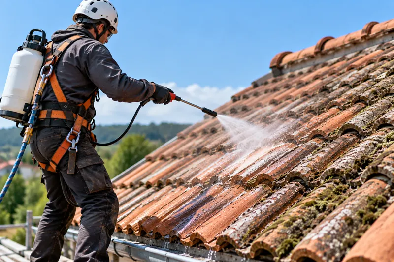 Couvreur pulvérisant un traitement anti-mousse sur une toiture en tuiles