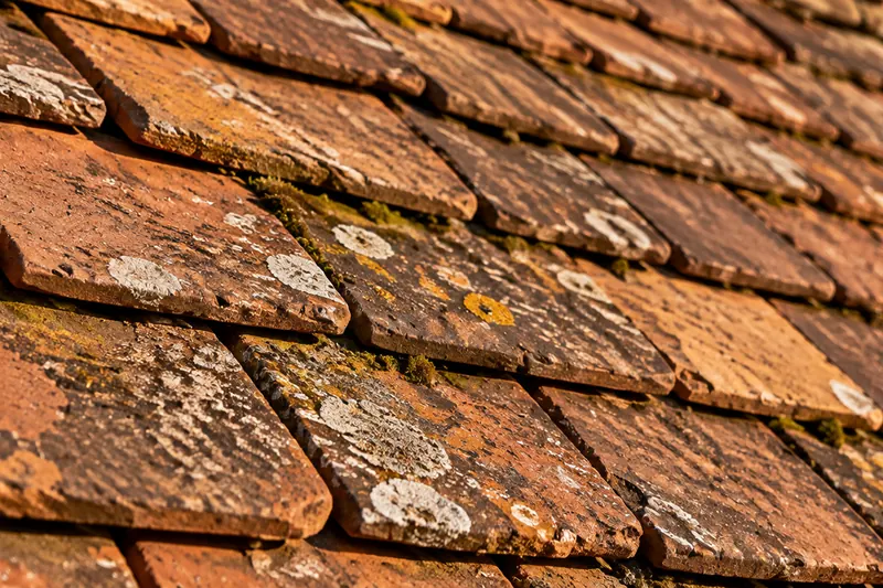 Tuiles plates en terre cuite patinées, couvertes de lichen